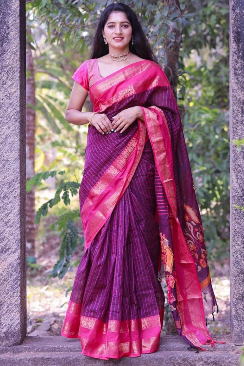 Majesty Purple Cotton Silk Saree With Assemblage Blouse Piece