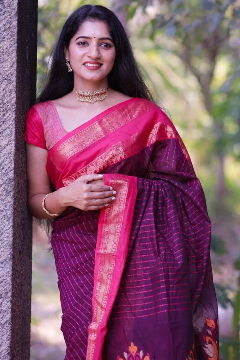 Majesty Purple Cotton Silk Saree With Assemblage Blouse Piece