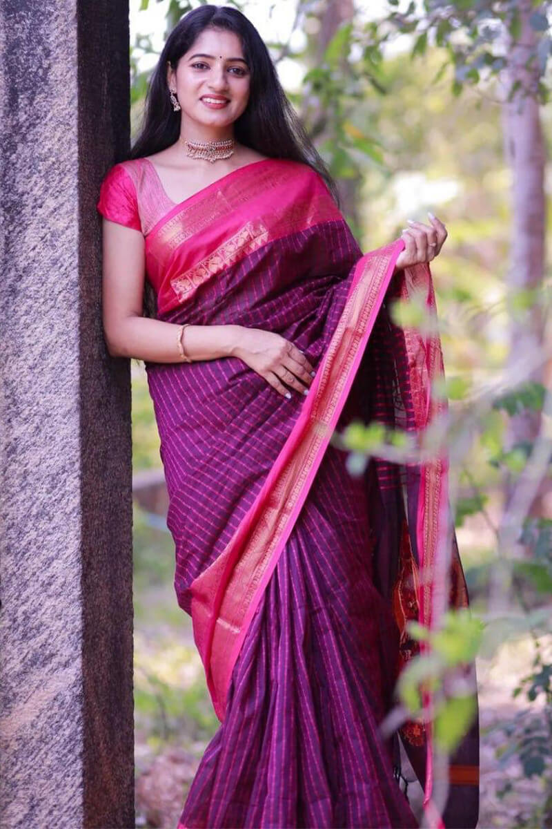 Majesty Purple Cotton Silk Saree With Assemblage Blouse Piece