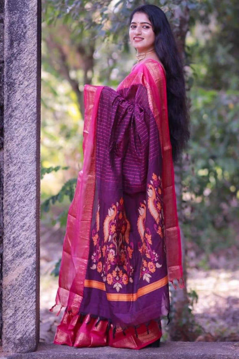 Majesty Purple Cotton Silk Saree With Assemblage Blouse Piece