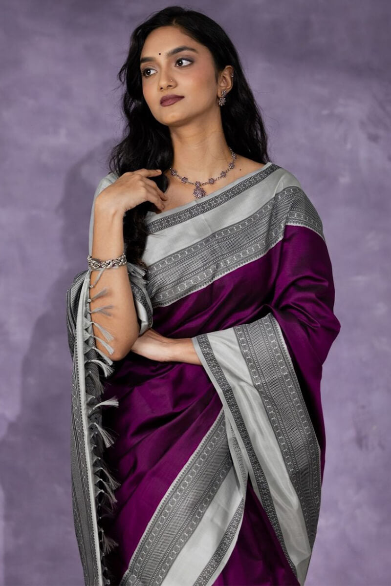 Adorable Wine Soft Silk Saree With Ideal Blouse Piece