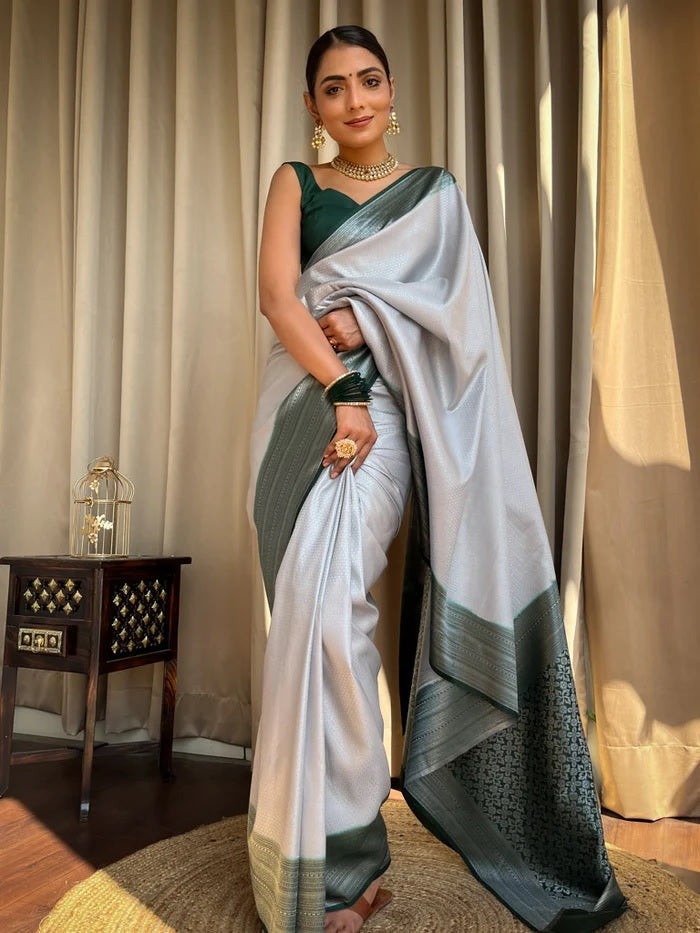 Adorning Grey Soft Silk Saree With Blissful Blouse Piece