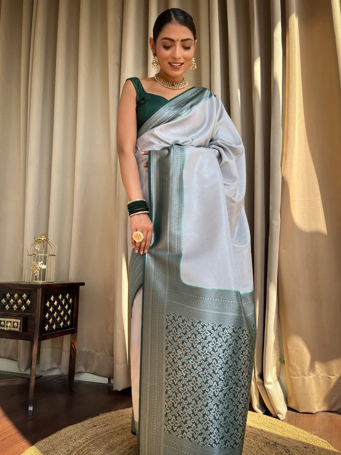 Adorning Grey Soft Silk Saree With Blissful Blouse Piece