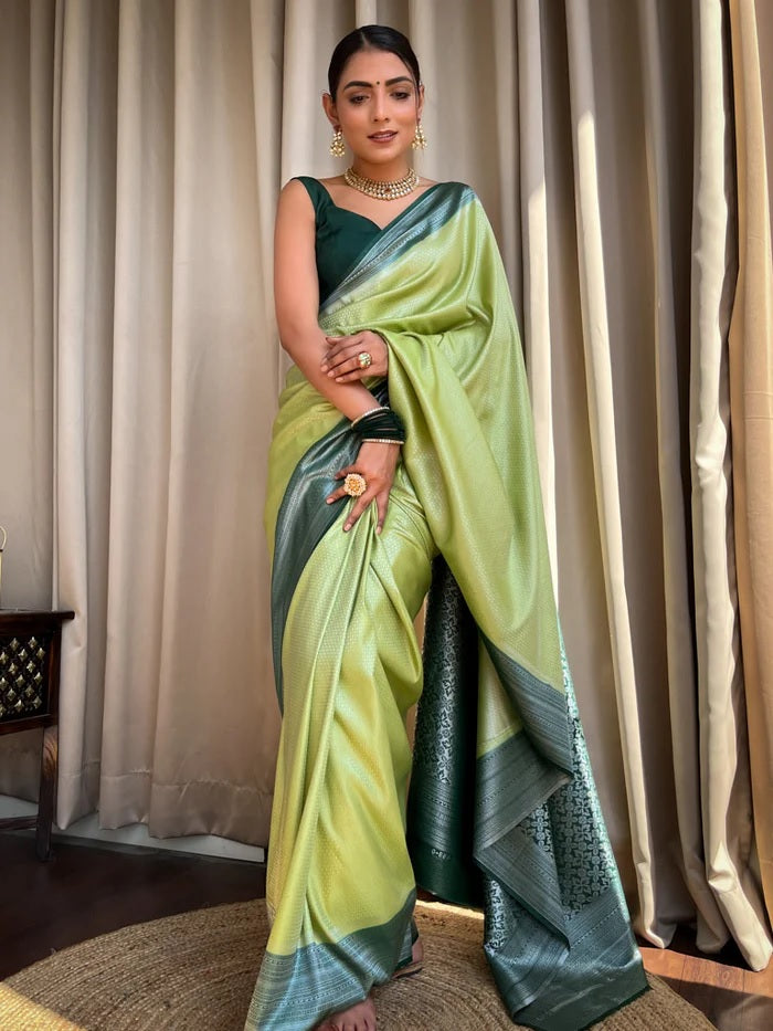 Capricious Pista Soft Silk Saree With Prominent Blouse Piece