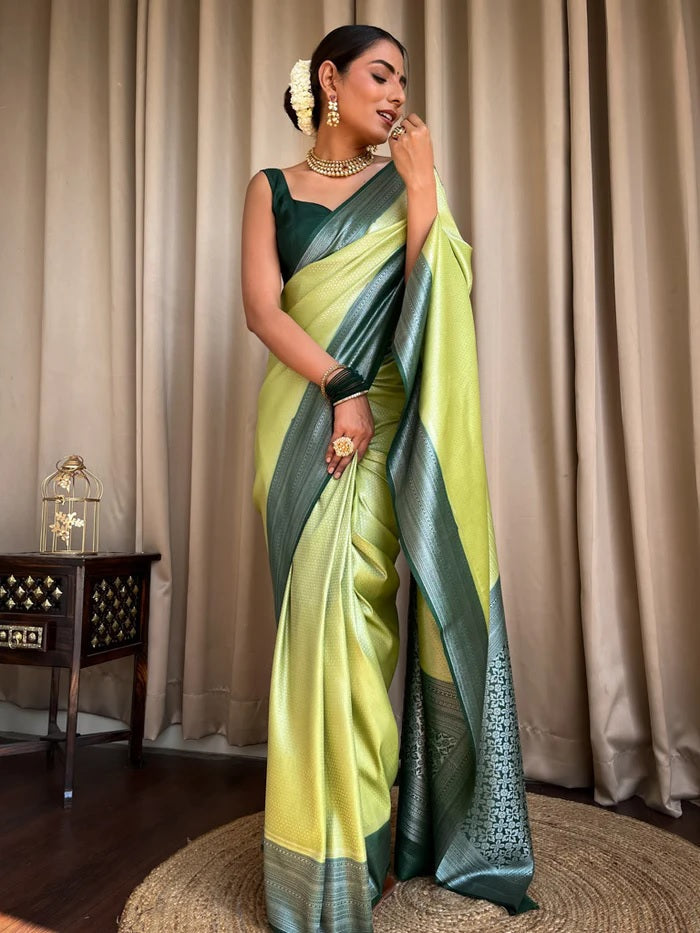 Capricious Pista Soft Silk Saree With Prominent Blouse Piece