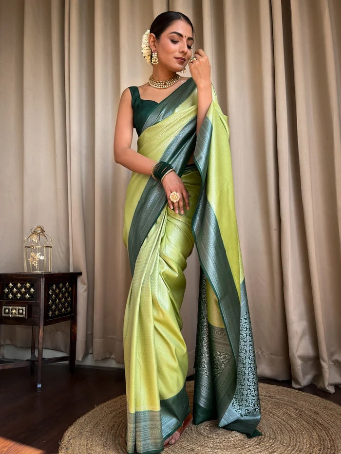 Capricious Pista Soft Silk Saree With Prominent Blouse Piece