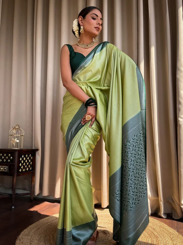 Capricious Pista Soft Silk Saree With Prominent Blouse Piece