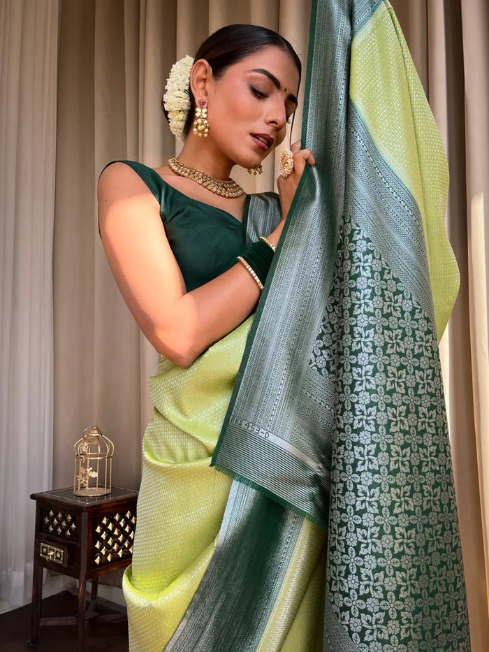 Capricious Pista Soft Silk Saree With Prominent Blouse Piece