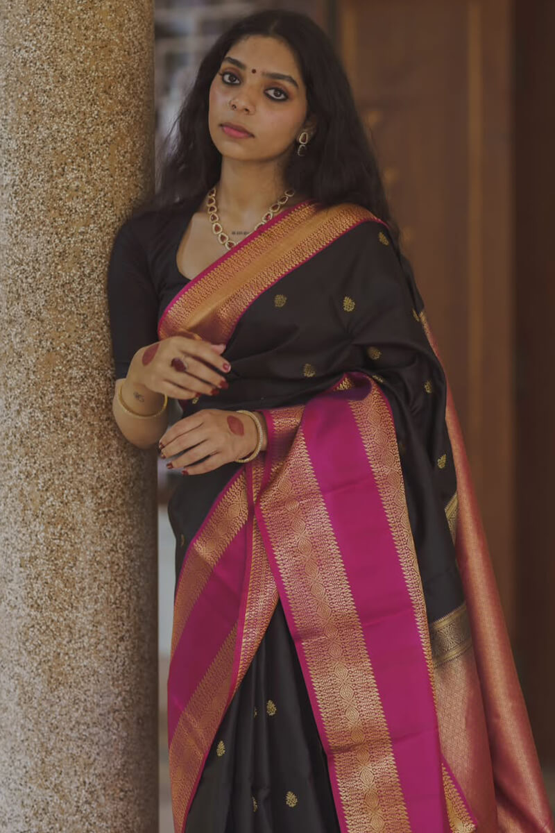 Ravishing Black Soft Silk Saree With Entrancing Blouse Piece