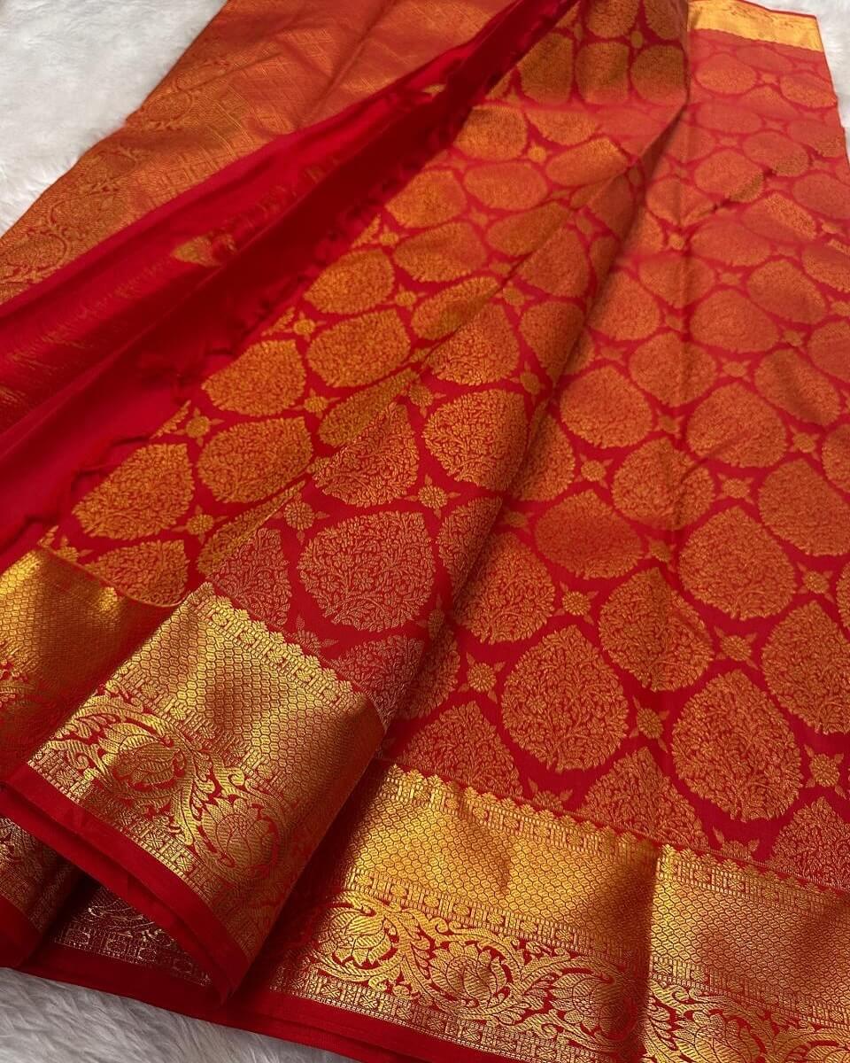 Skinny Red Soft Banarasi Silk Saree With Precious Blouse Piece