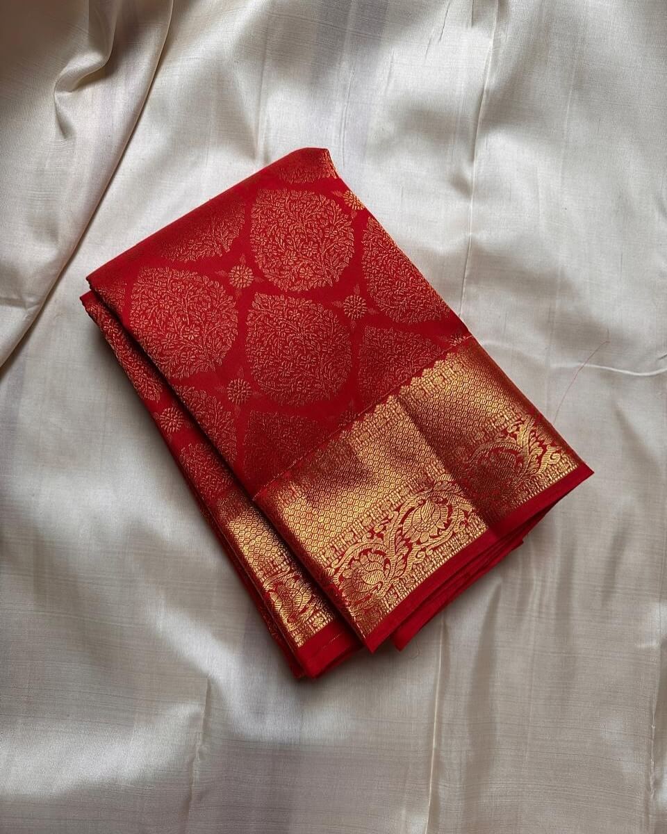 Skinny Red Soft Banarasi Silk Saree With Precious Blouse Piece