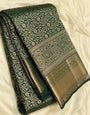 Demure Dark Green Soft Banarasi Silk Saree With Gossamer Blouse Piece