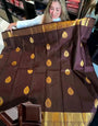 Conflate Brown Soft Banarasi Silk Saree With Fugacious Blouse Piece