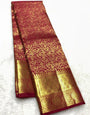 Breathtaking Red Soft Banarasi Silk Saree With Gossamer Blouse Piece