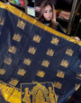 Stylish Navy Blue Soft Banarasi Silk Saree With Conflate Blouse Piece