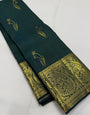 Confounding Dark Green Pure Zari Weaving Banarasi Silk Saree With Imbrication Blouse Piece