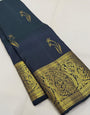 Blooming Navy Blue Pure Zari Weaving Banarasi Silk Saree With Fragrant Blouse Piece