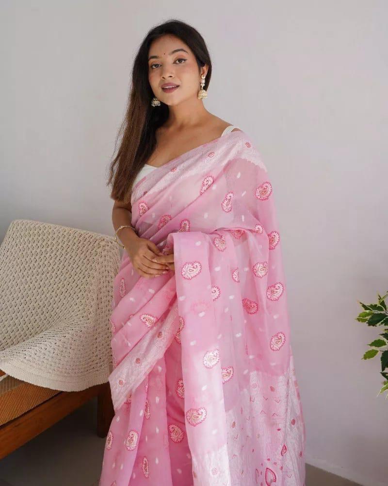 Quintessential Baby Pink Cotton Silk Saree With Winsome Blouse Piece