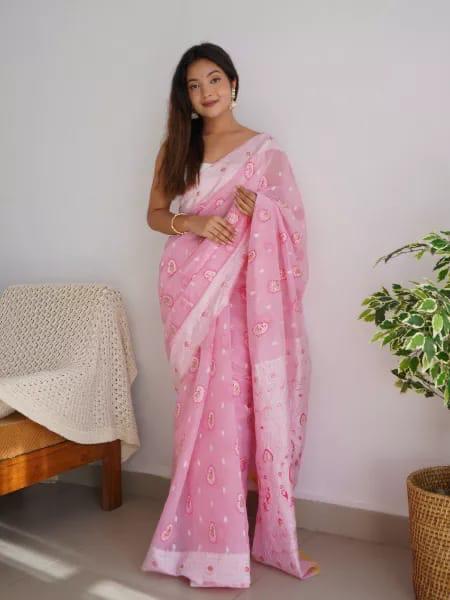 Quintessential Baby Pink Cotton Silk Saree With Winsome Blouse Piece