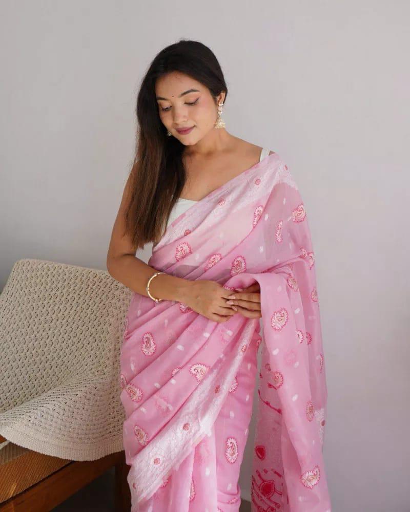 Quintessential Baby Pink Cotton Silk Saree With Winsome Blouse Piece