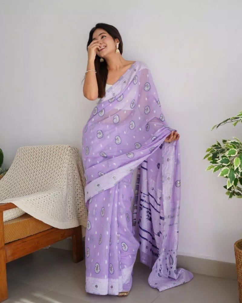 Petrichor Lavender Cotton Silk Saree With Improbable Blouse Piece