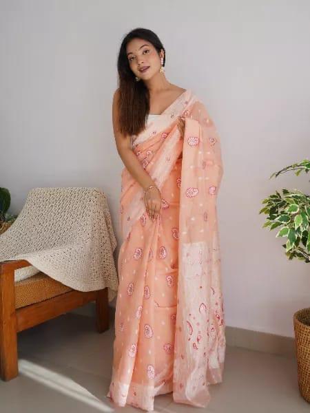 Panoply Peach Cotton Silk Saree With Exuberant Blouse Piece