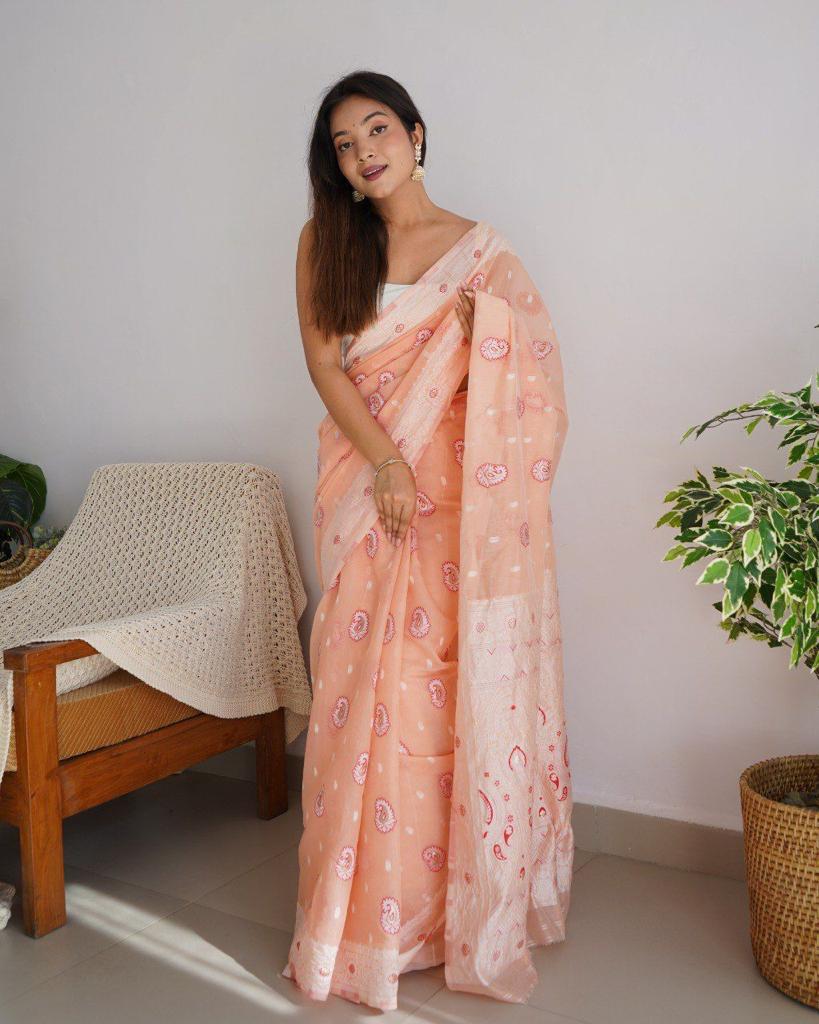 Panoply Peach Cotton Silk Saree With Exuberant Blouse Piece