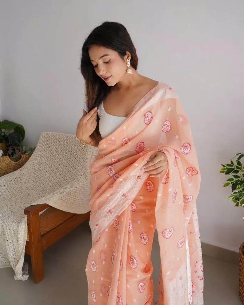 Panoply Peach Cotton Silk Saree With Exuberant Blouse Piece