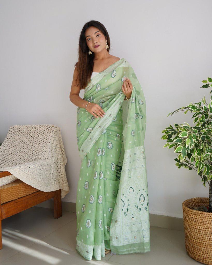 Nemesis Pista Cotton Silk Saree With Easy on the eyes Blouse Piece