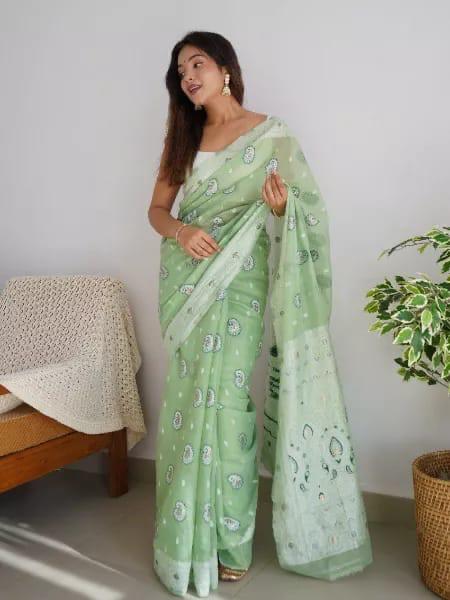 Nemesis Pista Cotton Silk Saree With Easy on the eyes Blouse Piece