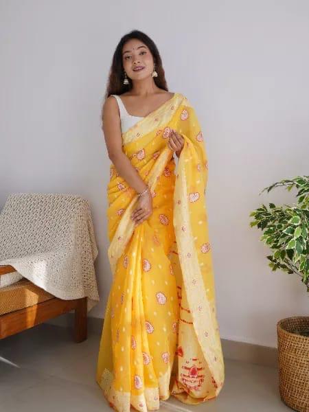 Palimpsest Yellow Cotton Silk Saree With Profuse Blouse Piece