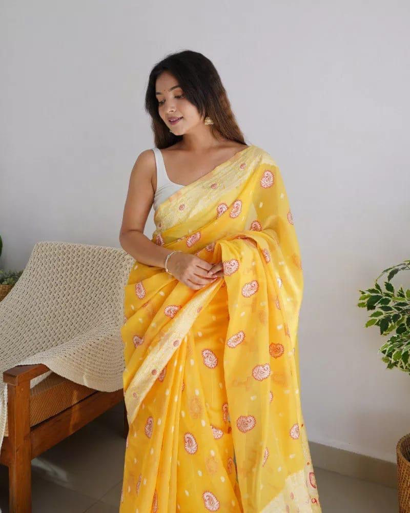 Palimpsest Yellow Cotton Silk Saree With Profuse Blouse Piece