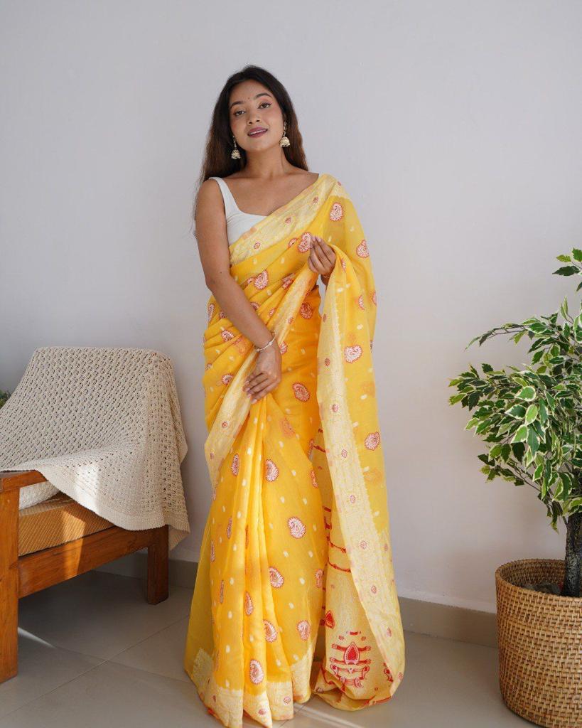 Palimpsest Yellow Cotton Silk Saree With Profuse Blouse Piece