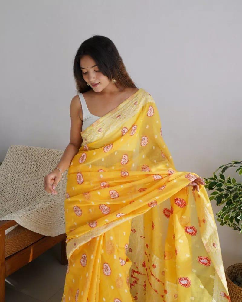 Palimpsest Yellow Cotton Silk Saree With Profuse Blouse Piece