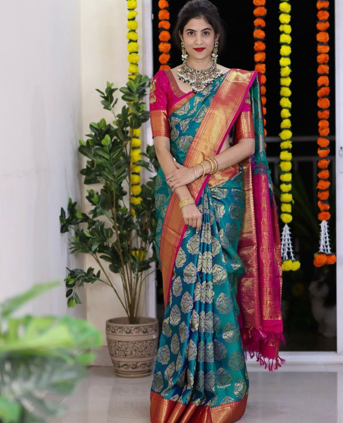 Opulent Rama Soft Silk Saree With Bucolic Blouse Piece