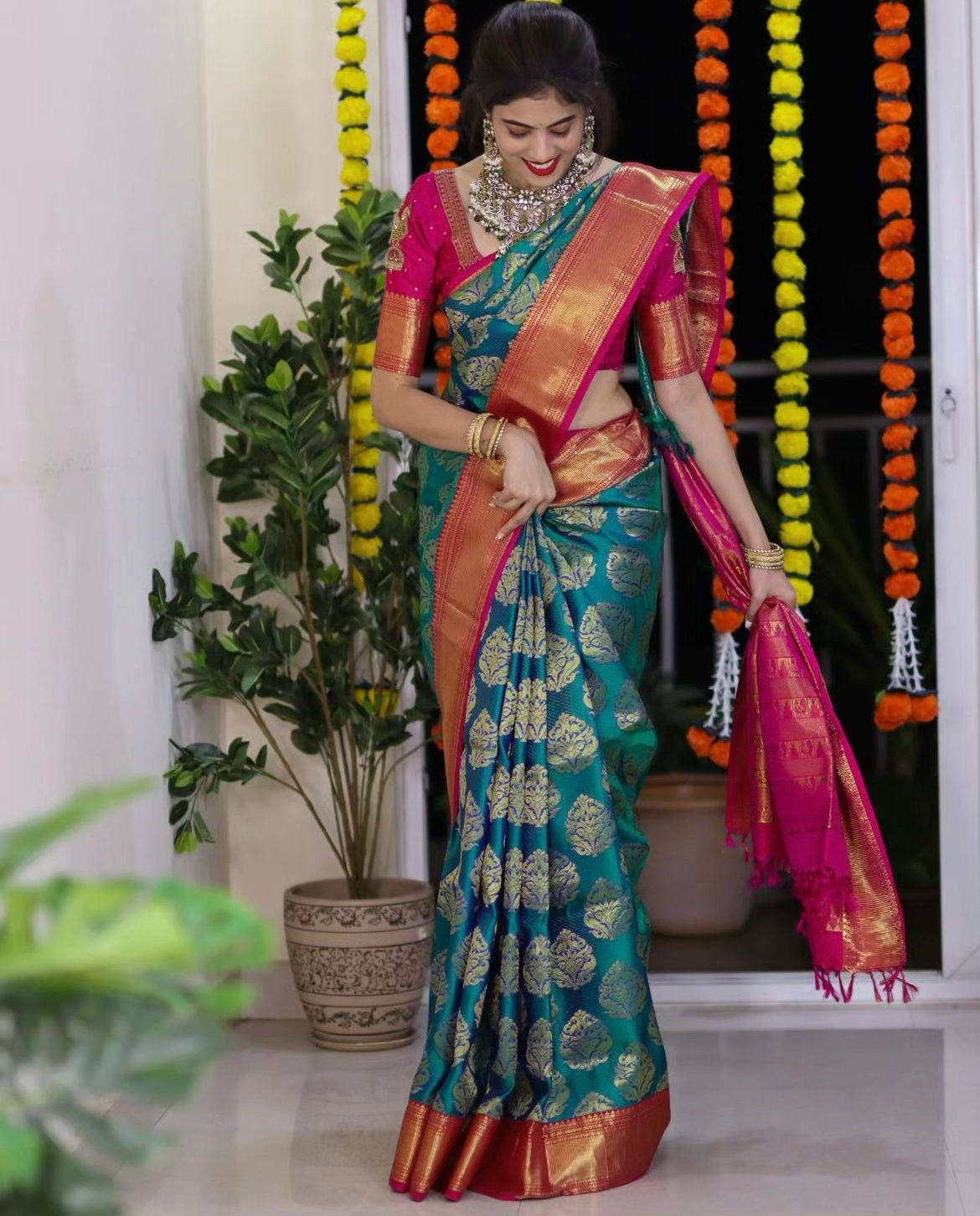 Opulent Rama Soft Silk Saree With Bucolic Blouse Piece