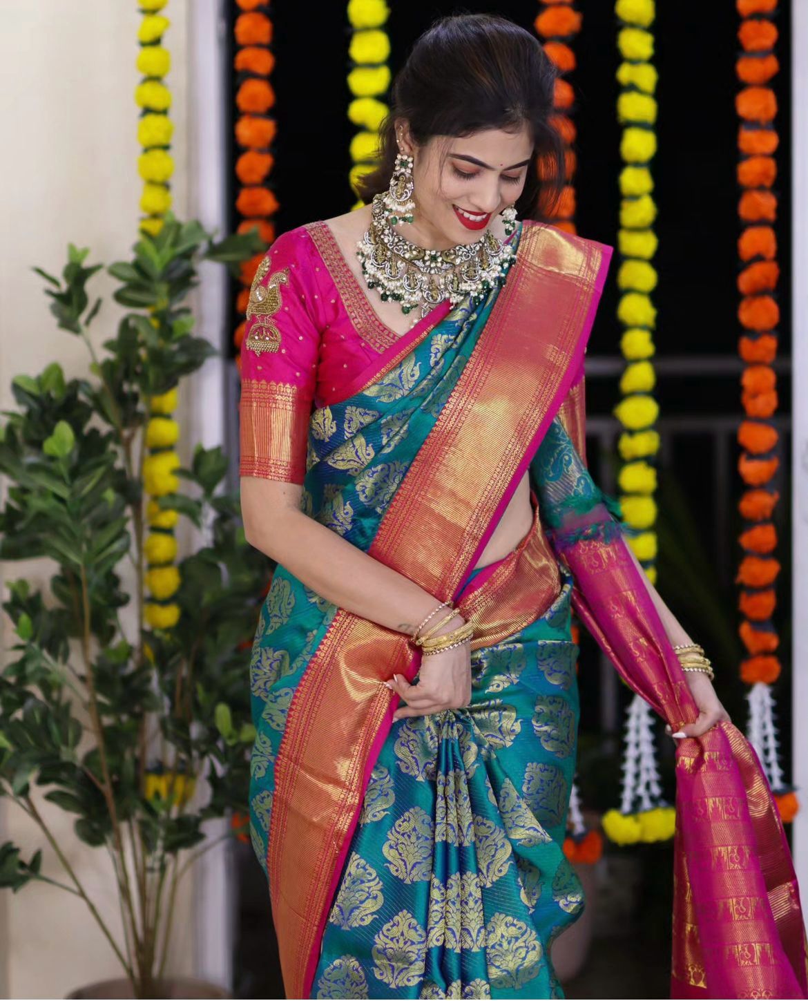 Opulent Rama Soft Silk Saree With Bucolic Blouse Piece