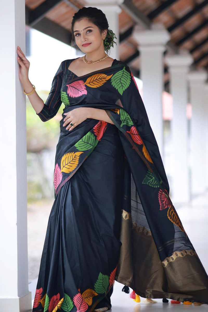 Attractive Black Soft Silk Saree With Opulent Blouse Piece