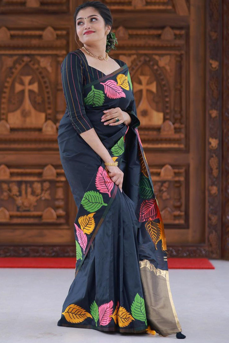 Attractive Black Soft Silk Saree With Opulent Blouse Piece