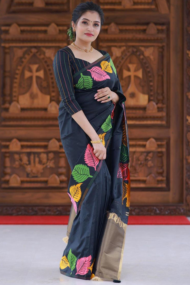 Attractive Black Soft Silk Saree With Opulent Blouse Piece