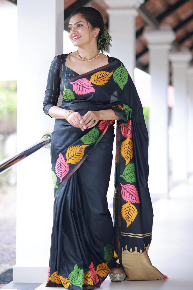 Attractive Black Soft Silk Saree With Opulent Blouse Piece