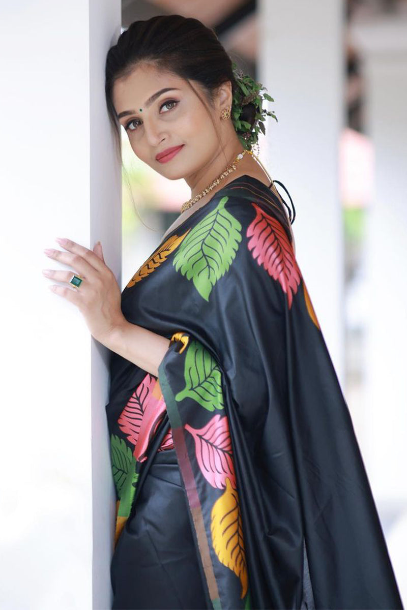 Attractive Black Soft Silk Saree With Opulent Blouse Piece