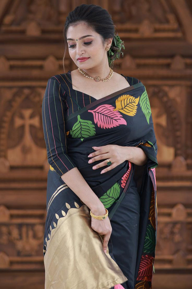 Attractive Black Soft Silk Saree With Opulent Blouse Piece