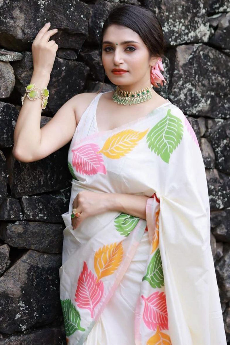 Energetic White Soft Silk Saree With Radiant Blouse Piece