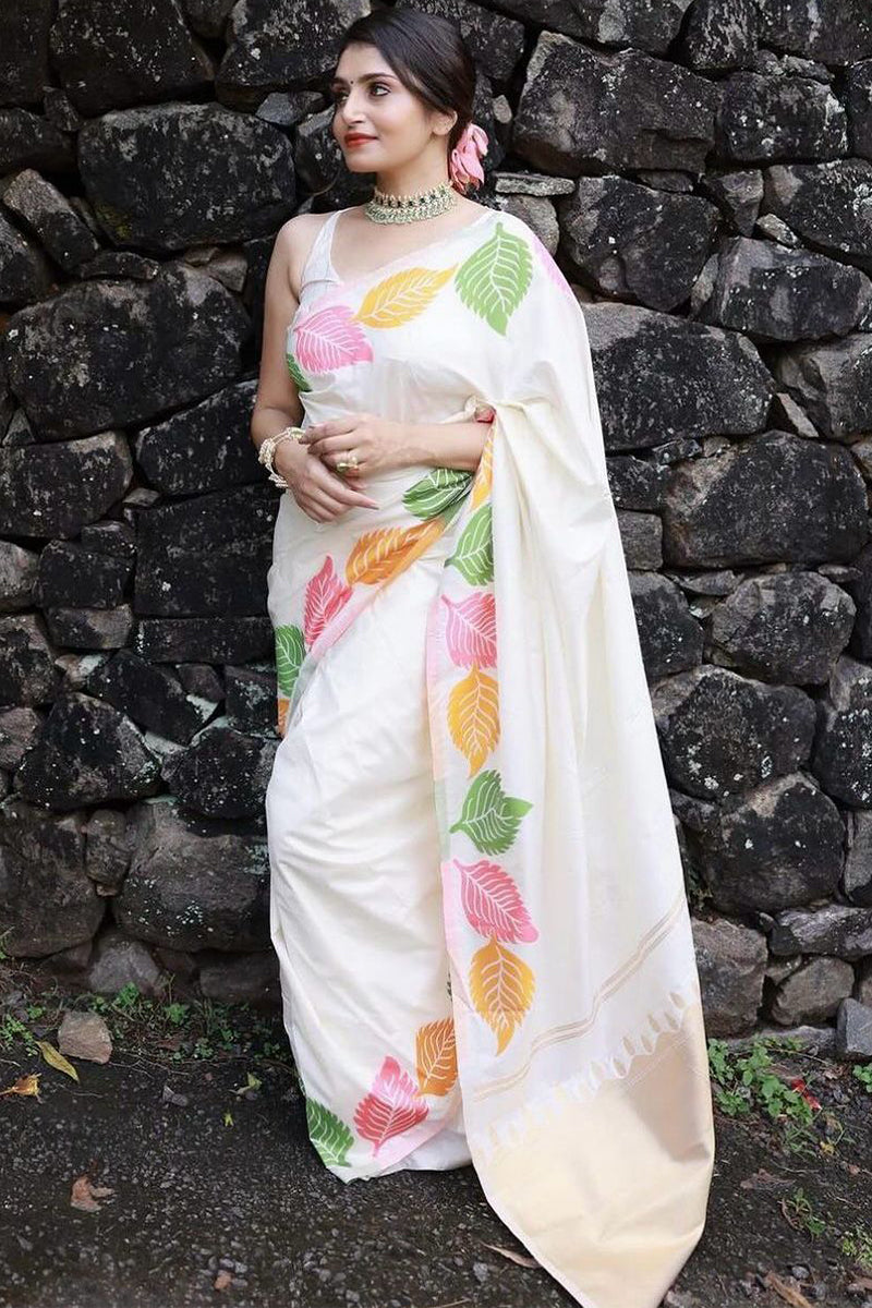 Energetic White Soft Silk Saree With Radiant Blouse Piece