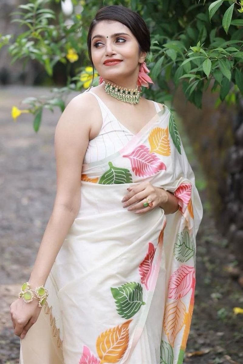 Energetic White Soft Silk Saree With Radiant Blouse Piece