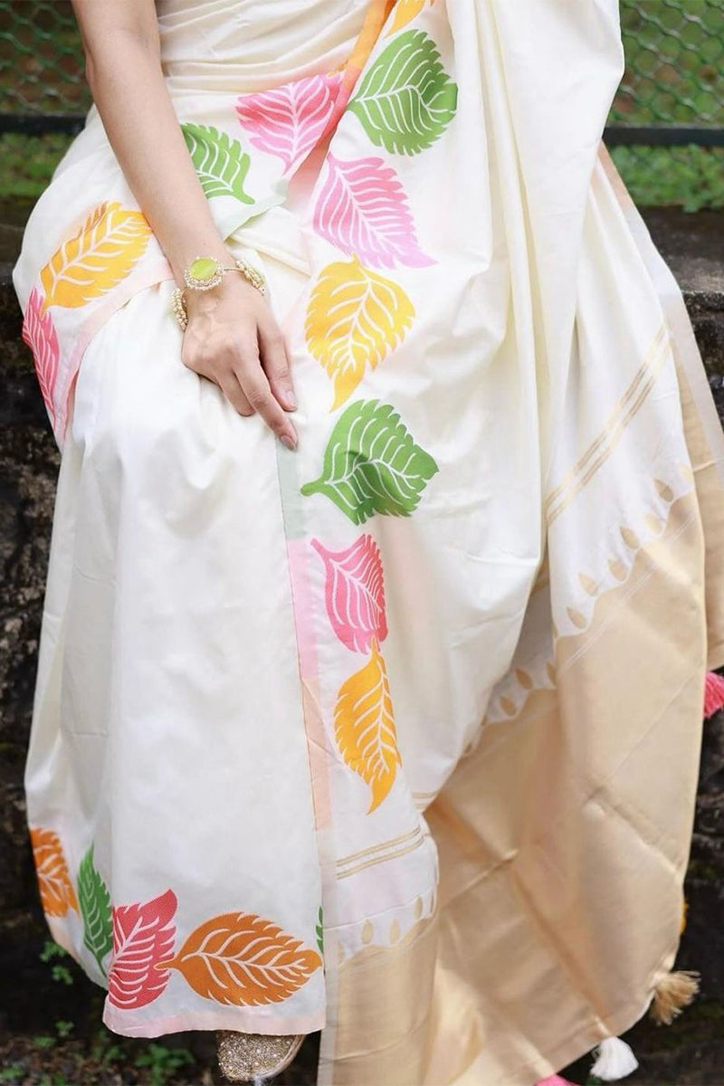 Energetic White Soft Silk Saree With Radiant Blouse Piece