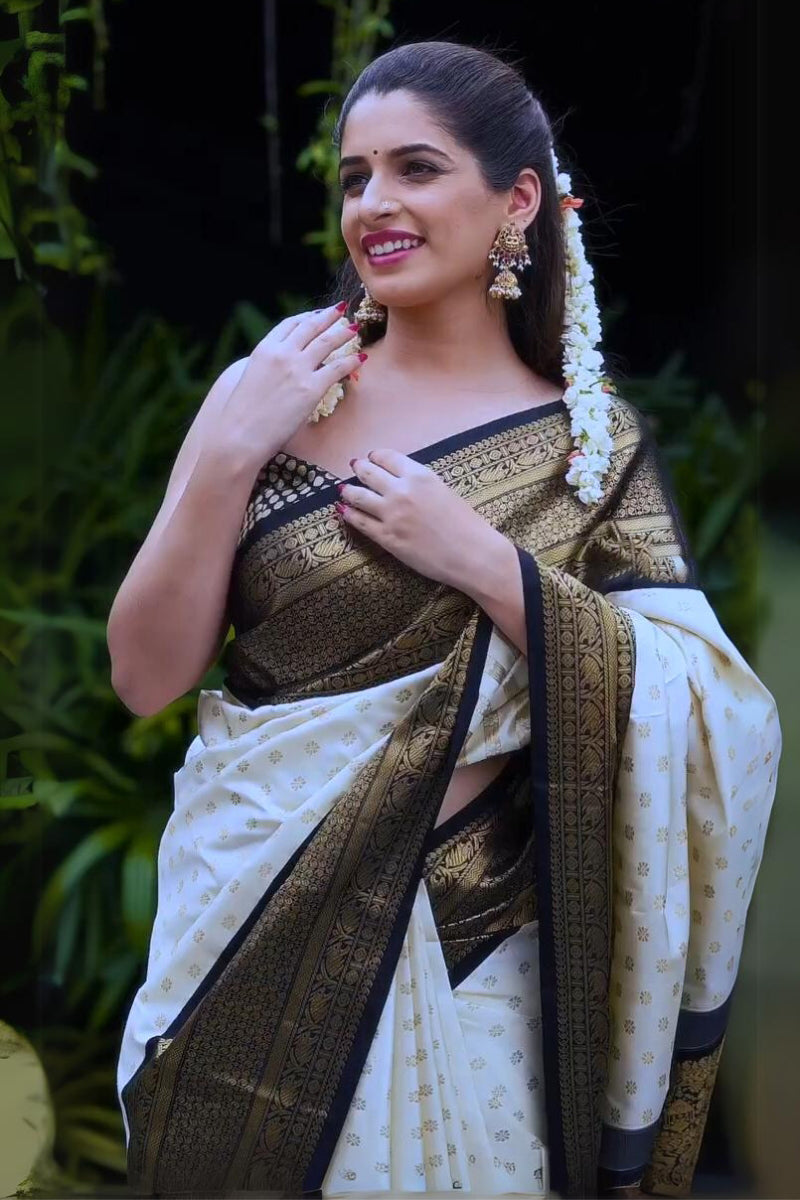 Enamoring Off White Soft Silk Saree With Lovely Blouse Piece