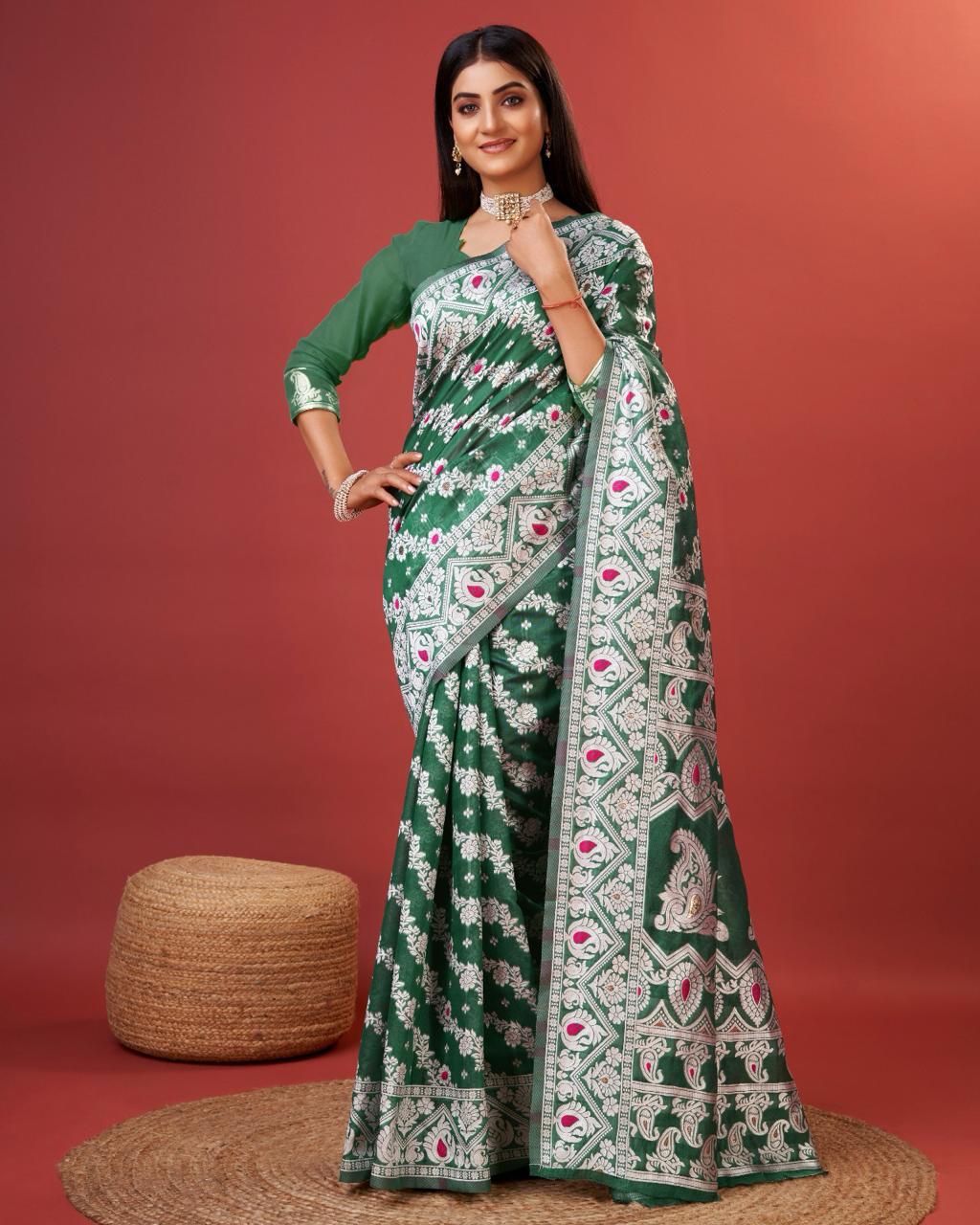 Opulent Green Cotton Silk Saree With Energetic Blouse Piece