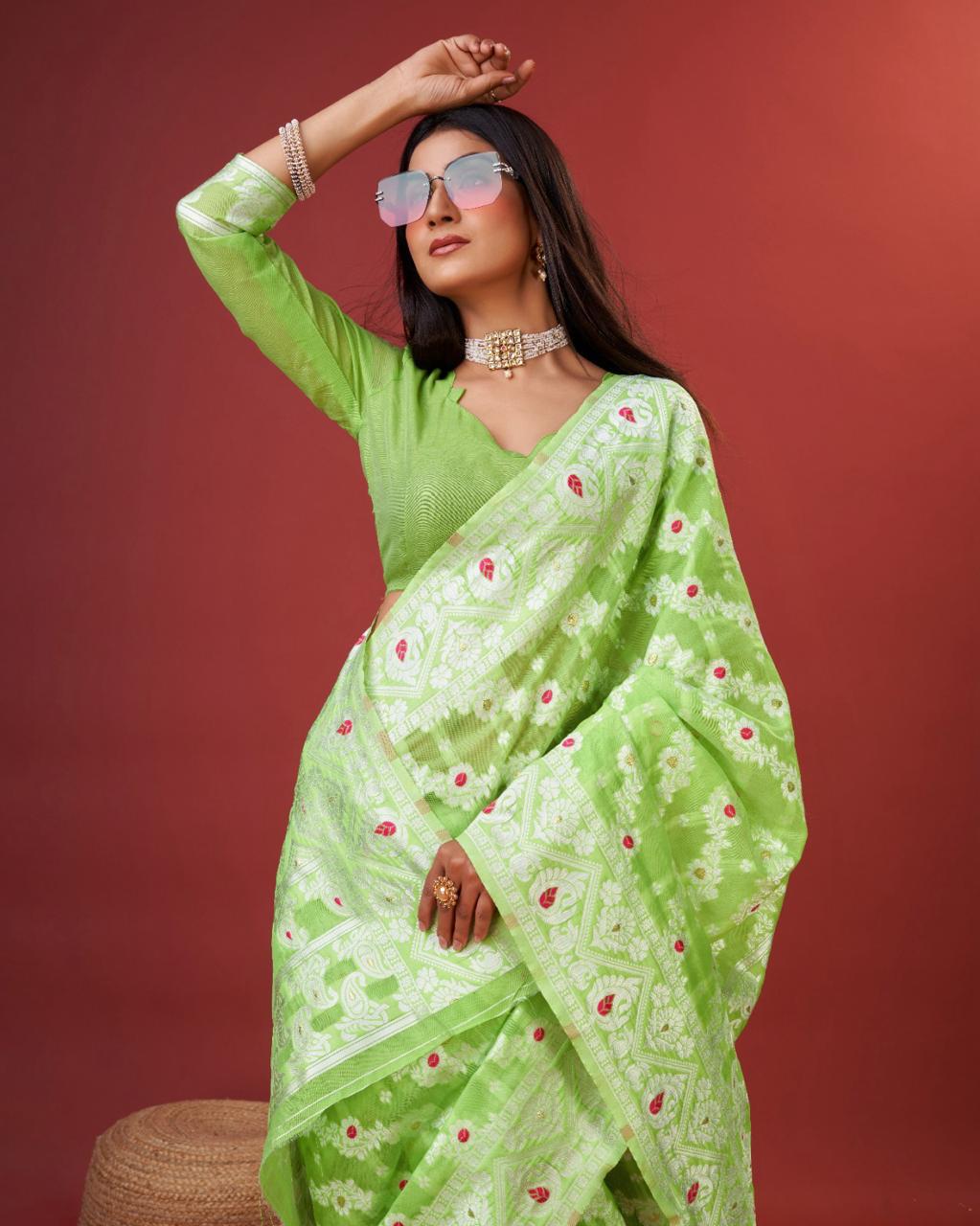 Rhapsodic Parrot Cotton Silk Saree With Gleaming Blouse Piece